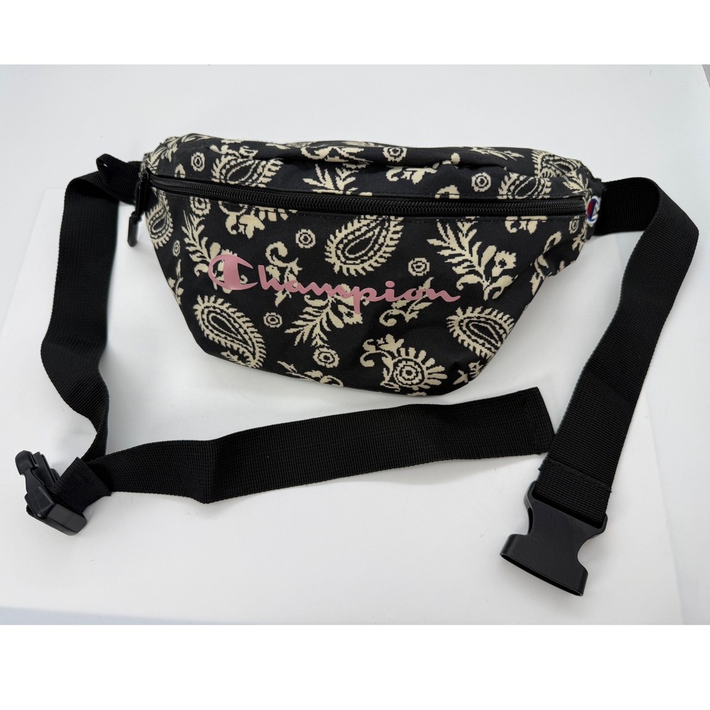 Champion Paisley Fanny Pack Waist Travel Bag Black Pink Logo Adjustable Strap